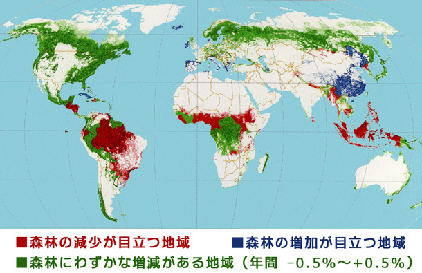 世界のエリア別森林面積の増減の地図
