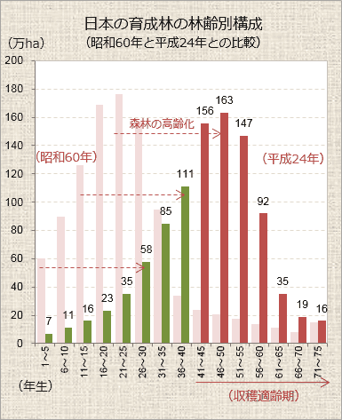 育成林（人工林）の林齢別面積のグラフ